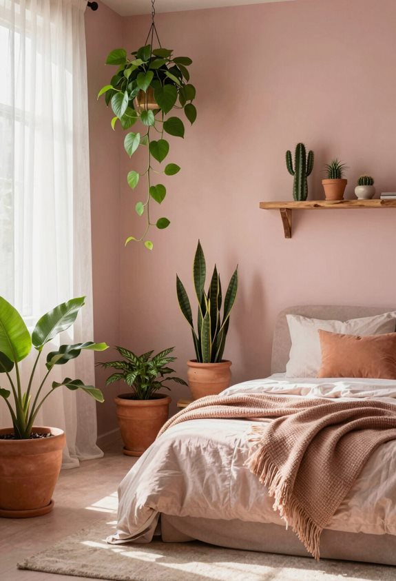 des plantes luxuriantes complètent le rose terreux