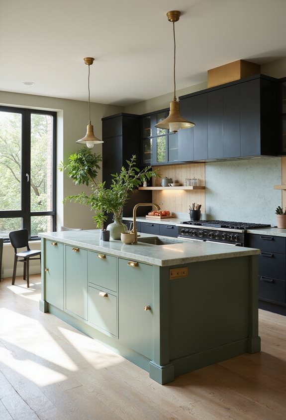 élégance d'un îlot de cuisine vert sauge
