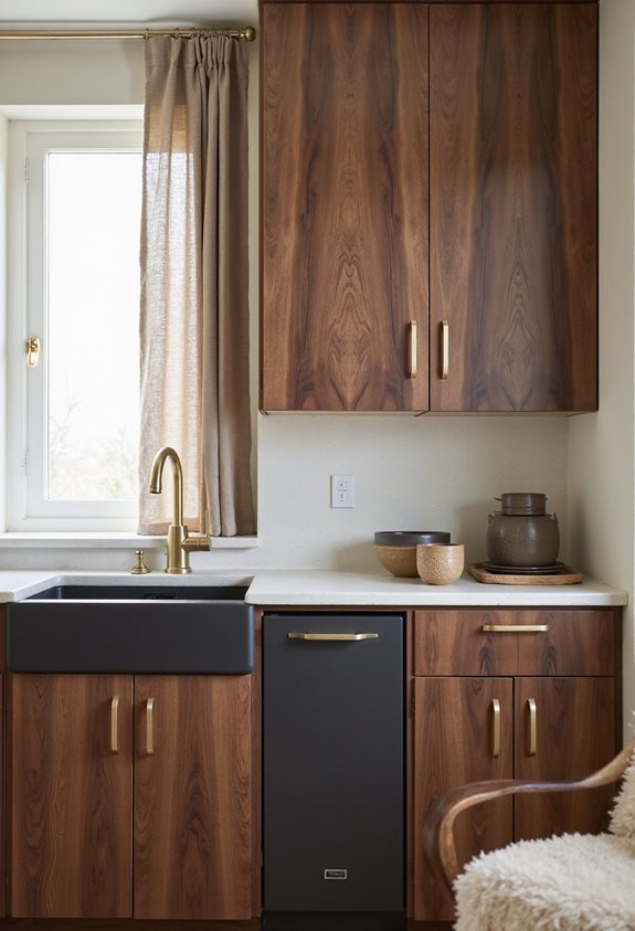 des textures chaudes rehaussent les armoires en noyer