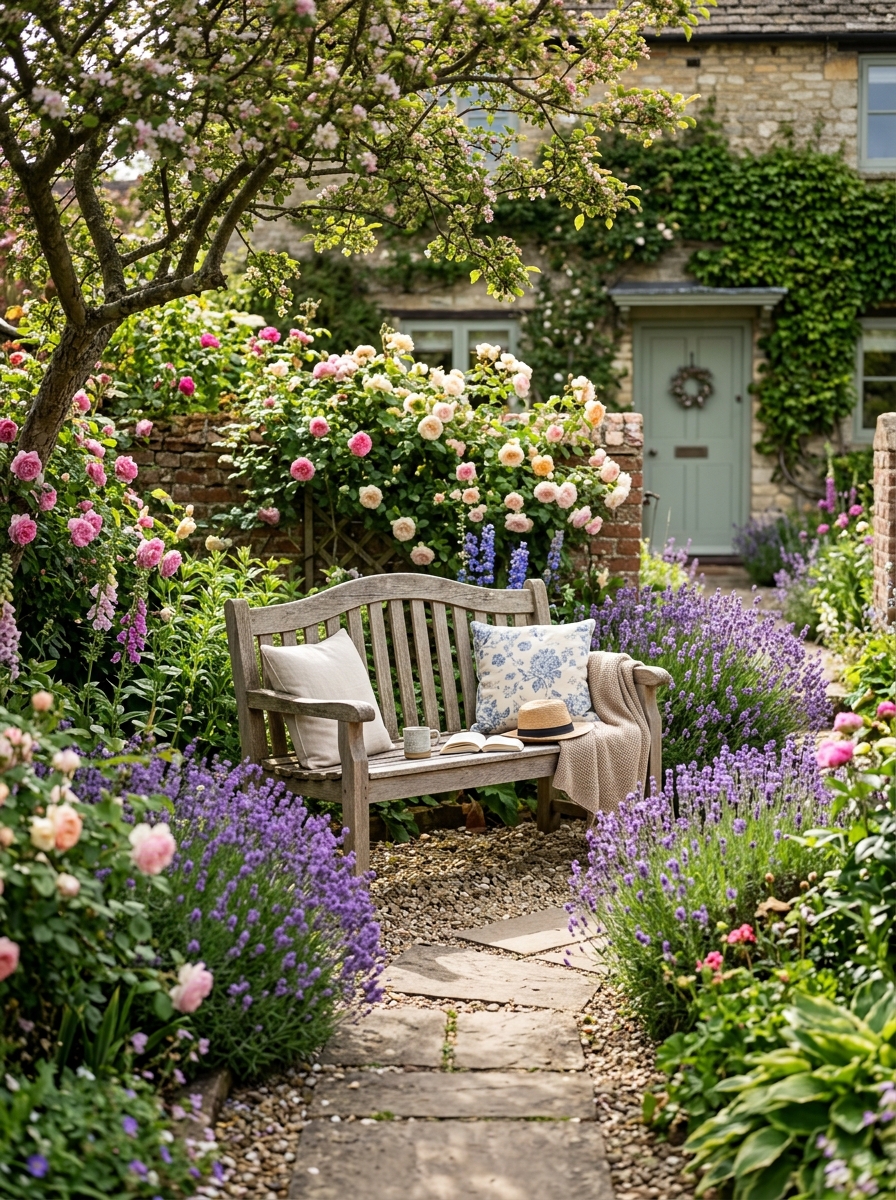 Entree de maison avec un banc en bois bien positionne dans le jardin