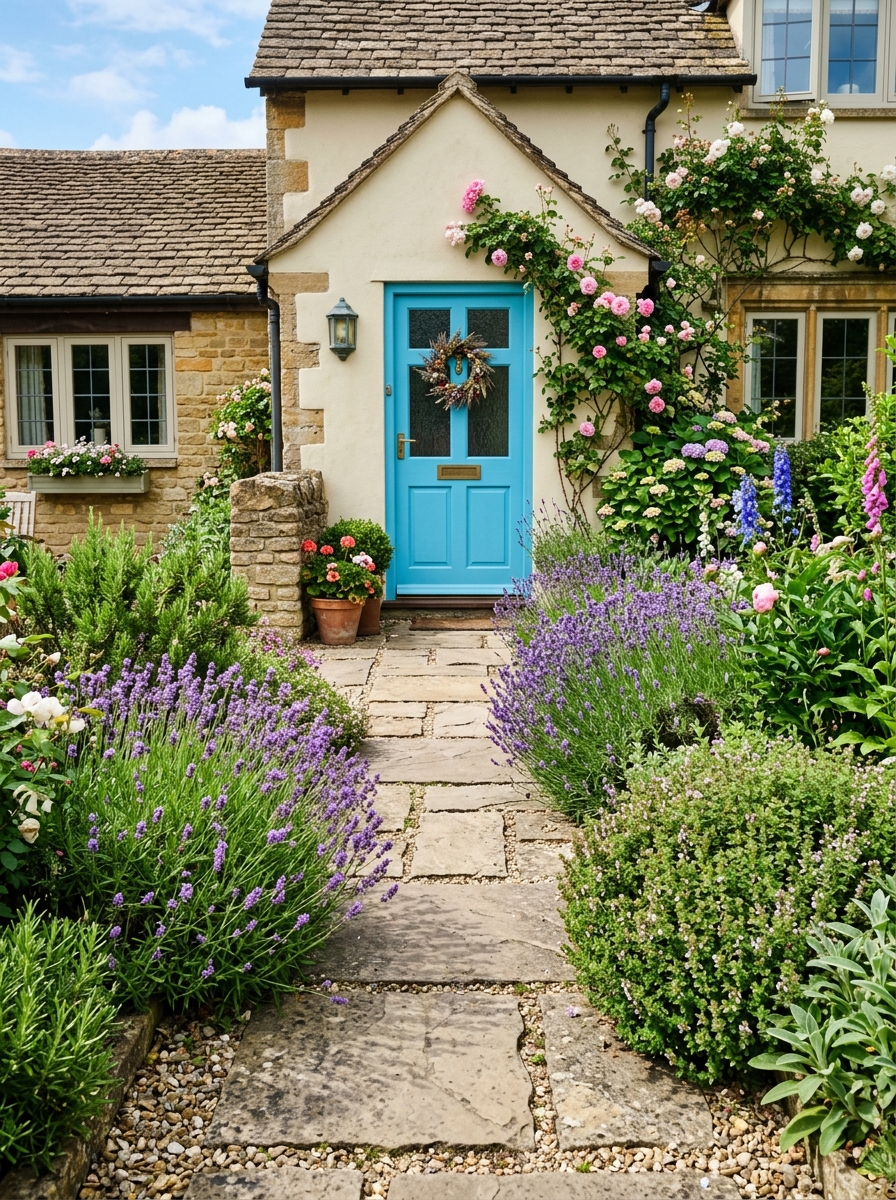Allee bien amenagee menant a une porte bleue decorative