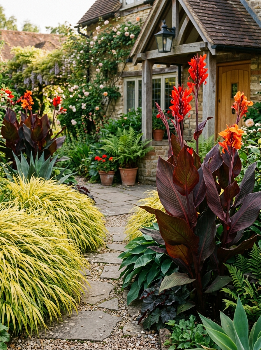 Massif de cannas aux grandes feuilles et de graminees japonaises devant une maison