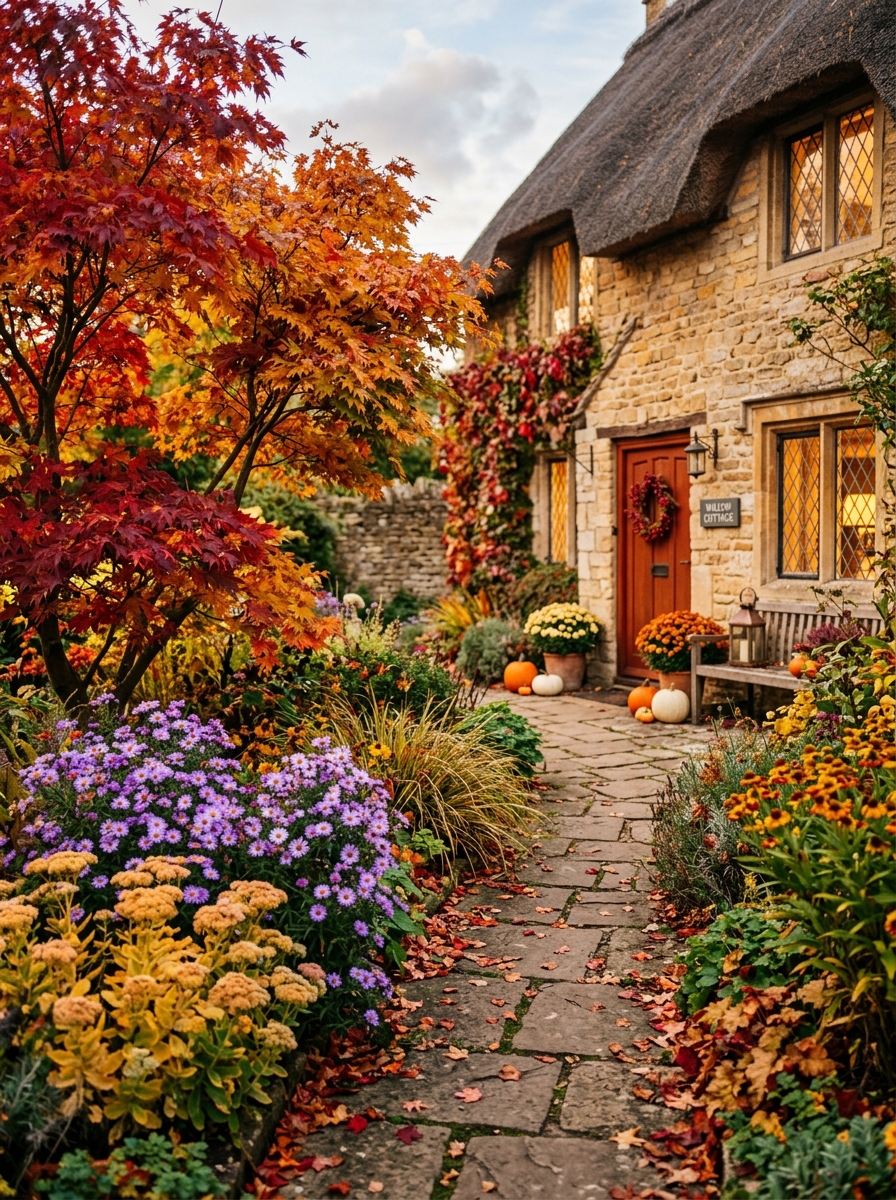 Jardin de facade aux couleurs chaudes de l'automne