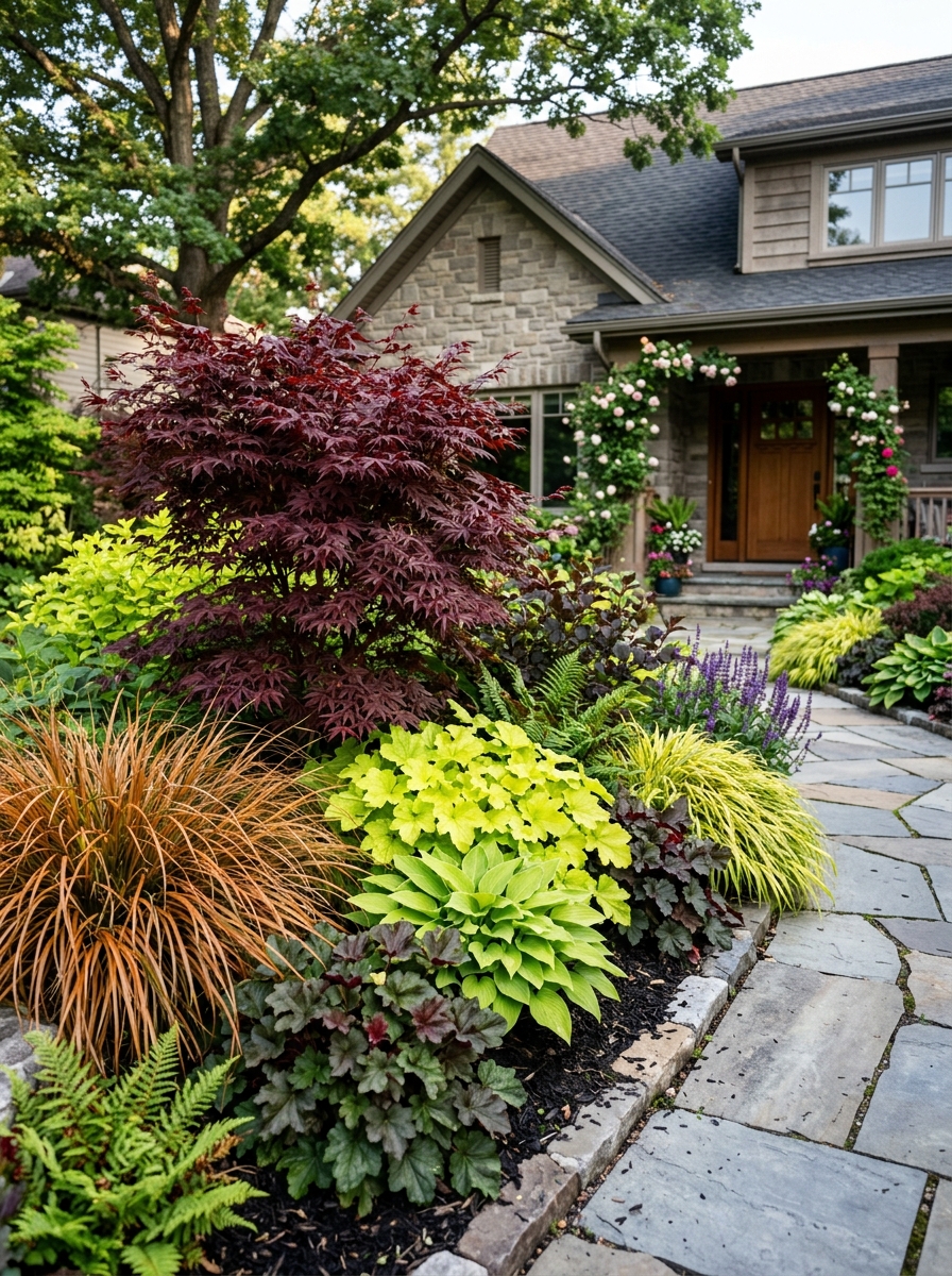 Jardin de facade avec un feuillage aux teintes or et rouge saisissantes