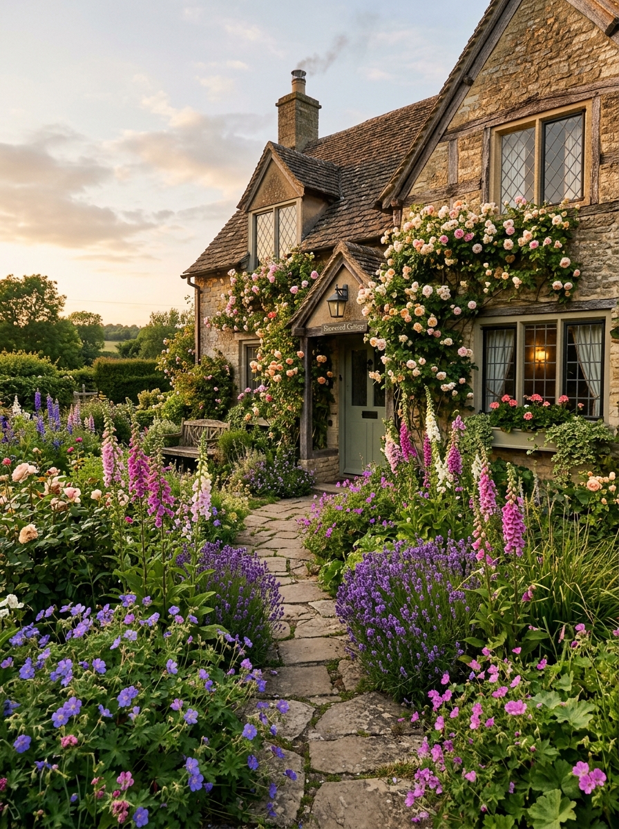 Jardin de style cottage avec des rosiers grimpants sur une tonnelle