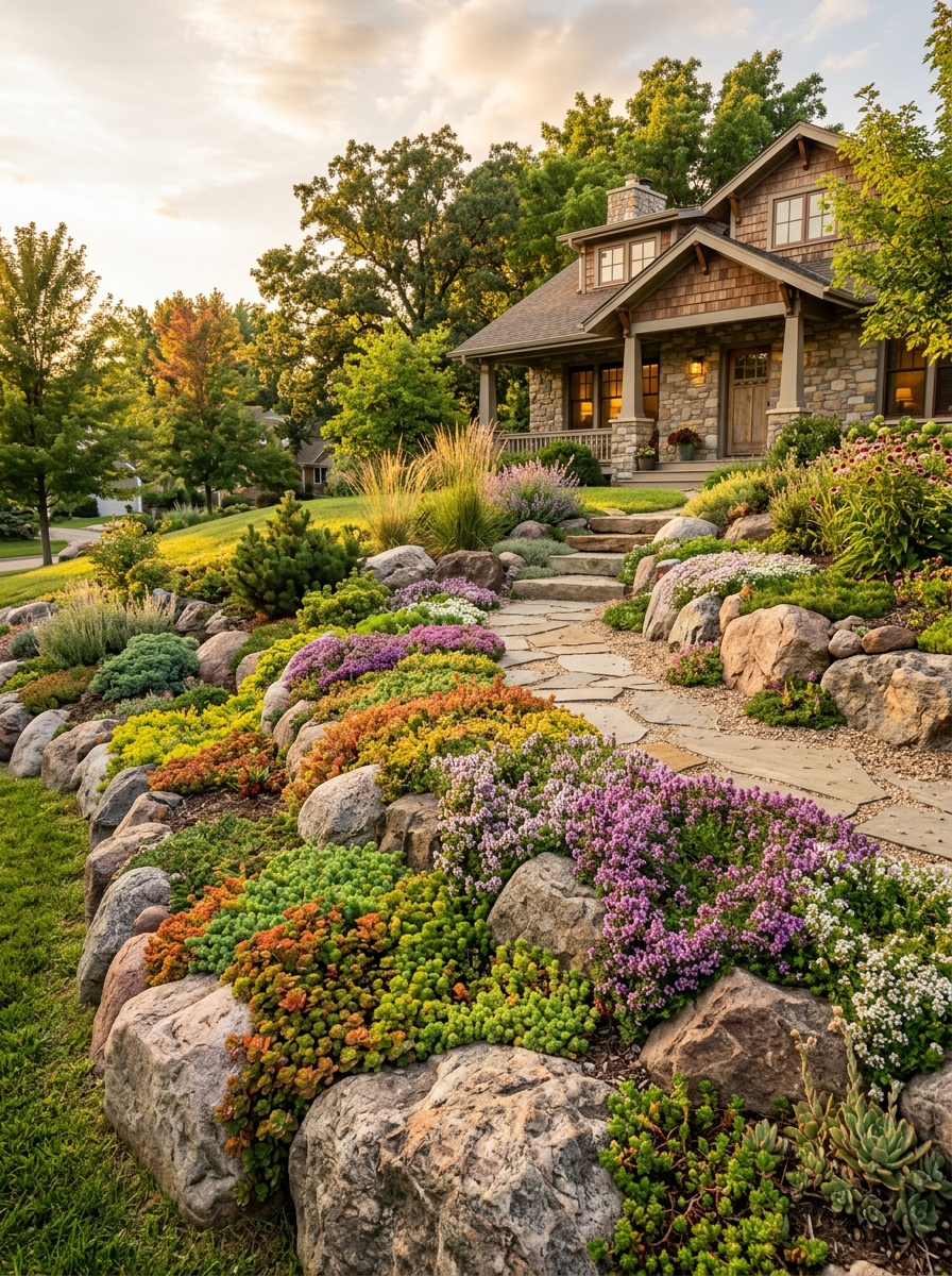 Jardin de rocaille avec pierres naturelles et plantes adaptees