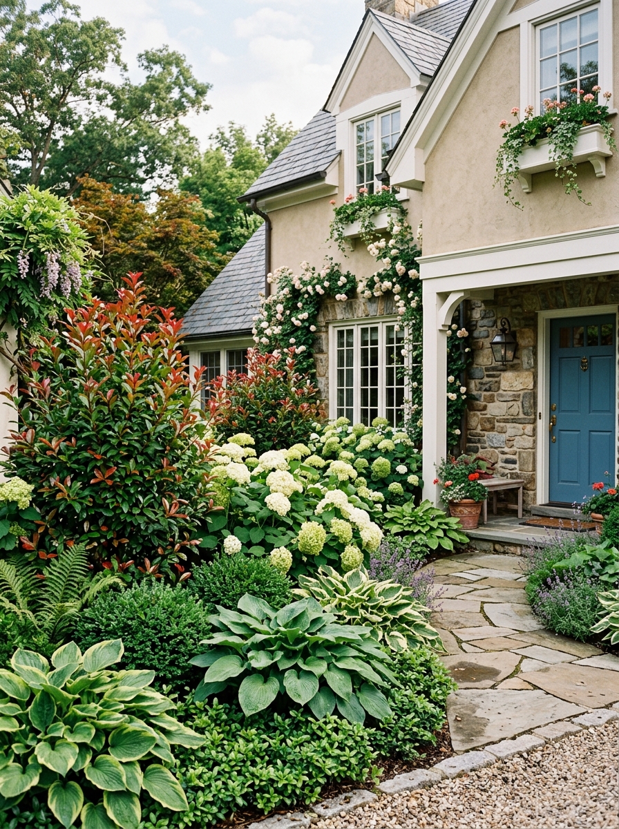 Entree de maison avec des plantations de fondation bien soignees