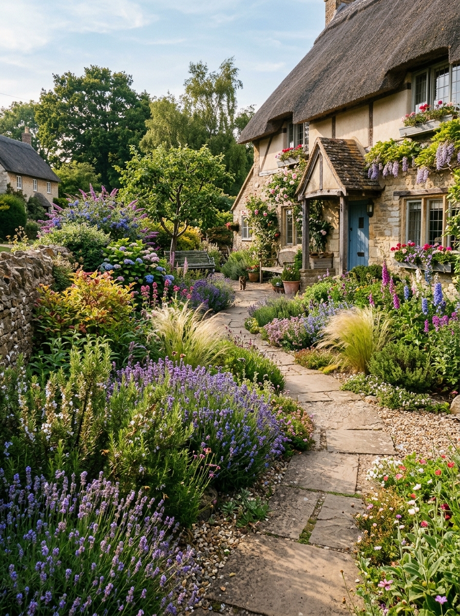 Jardin de facade sans gazon avec arbustes et plantes variees