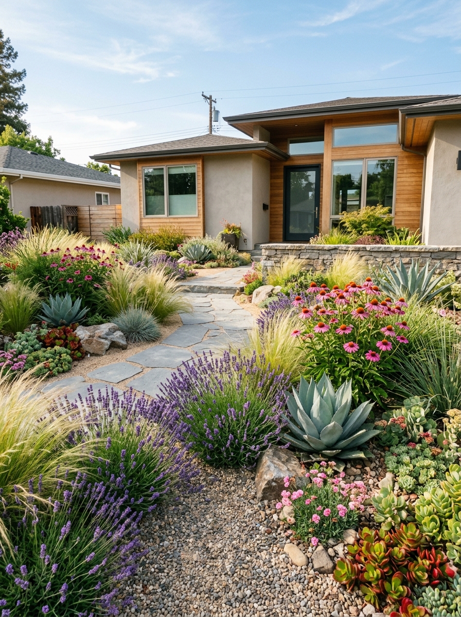Jardin de facade avec des plantes resistantes a la secheresse