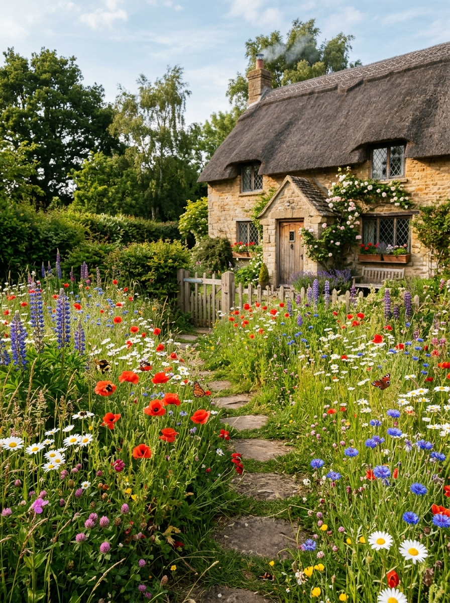 Prairie fleurie et sauvage amenagee devant une maison
