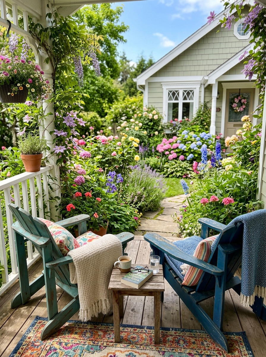 Salon de jardin installe en facade de maison avec chaises confortables