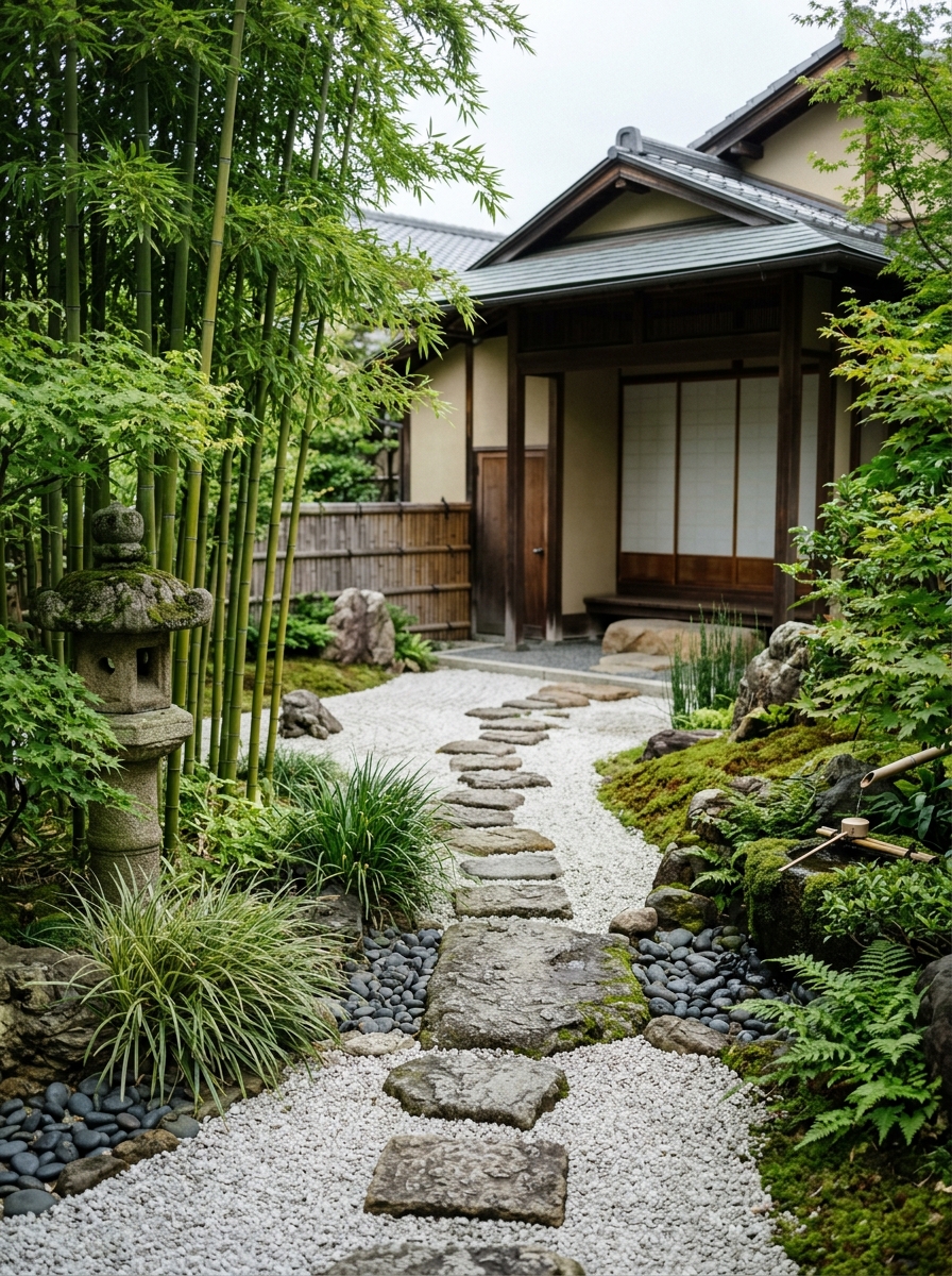Entree de maison de style asiatique avec plantes et mur decoratif