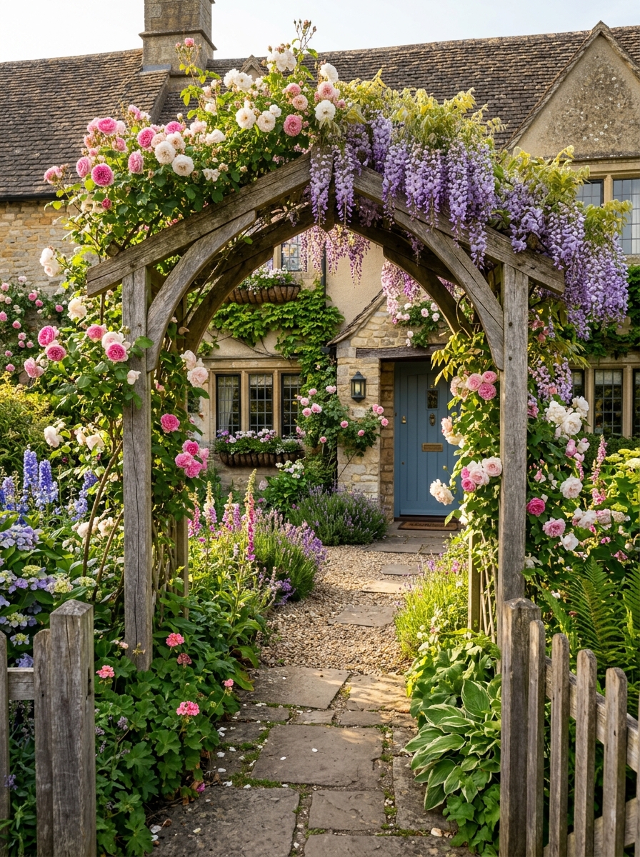 Entree de maison avec une belle tonnelle couverte de plantes grimpantes