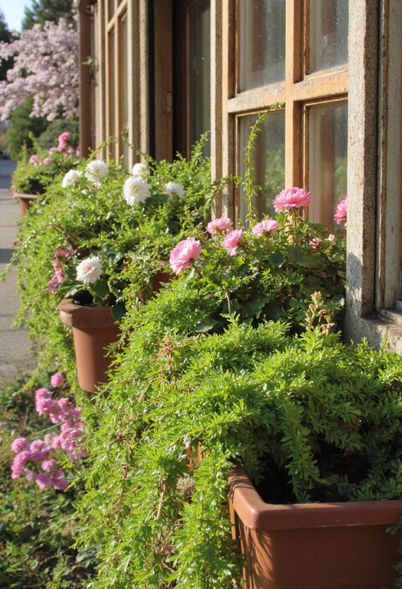 plantes en cascade luxuriantes dans des jardinières de fenêtre
