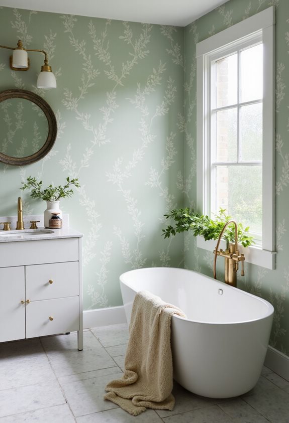 transformation de salle de bain avec papier peint vert sauge