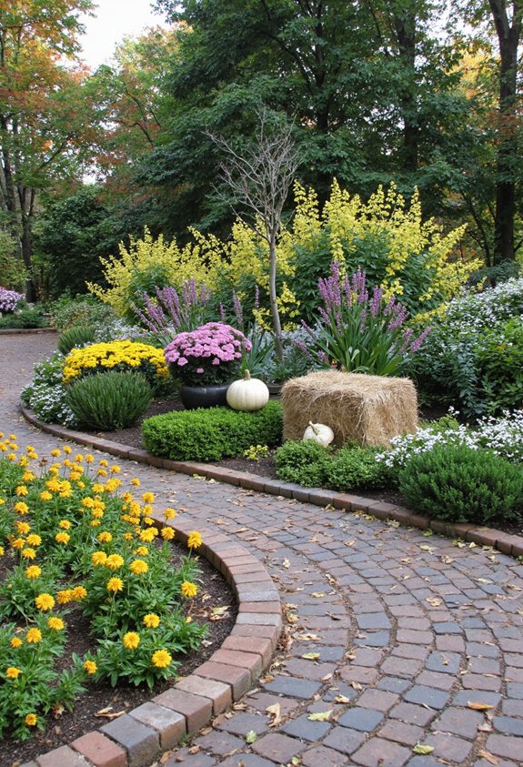 décoration de jardin bordée de briques saisonnières