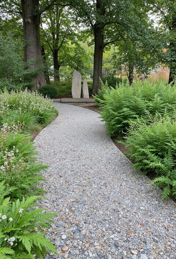 des marqueurs en pierre définissent les zones du jardin