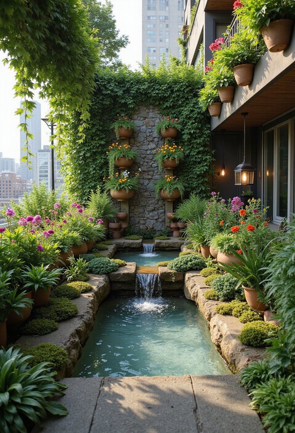 balcon tranquille avec fontaine d'eau