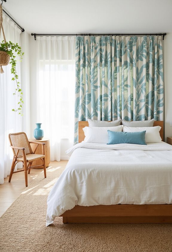 rideintes légères en lin tropical filtrant la lumière