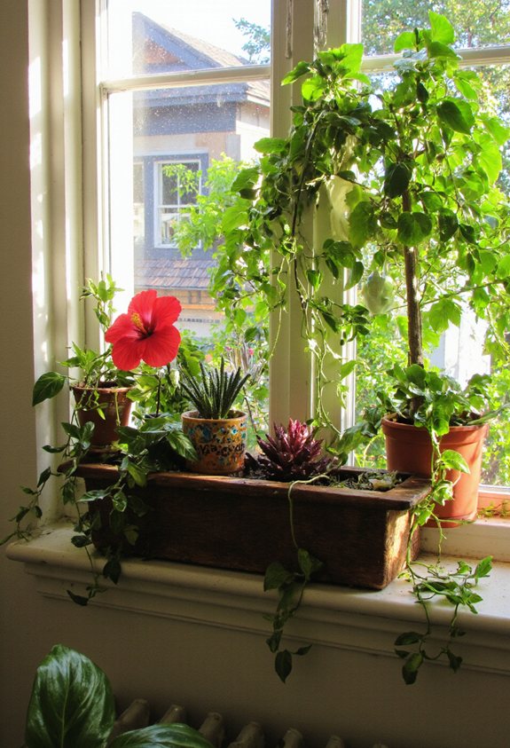 plantes sur le rebord de fenêtre ensoleillé