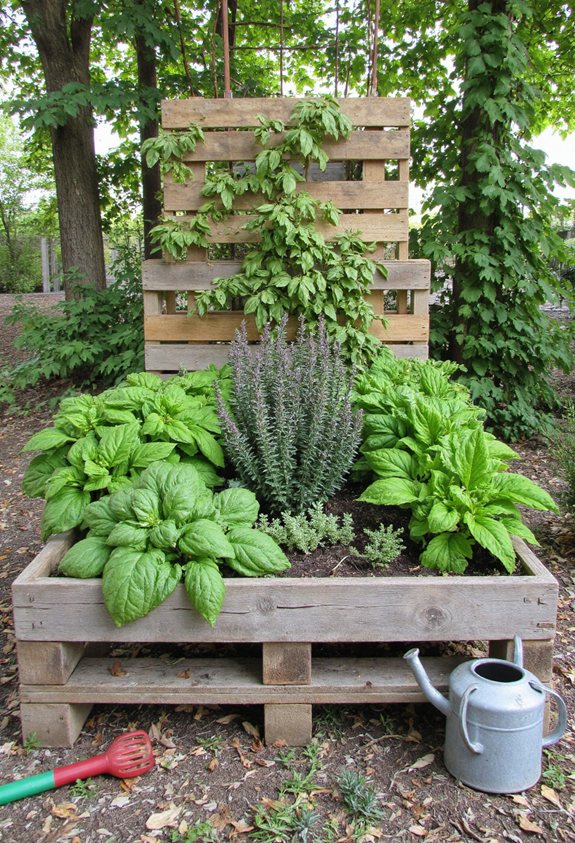 jardin d'herbes sur des palettes