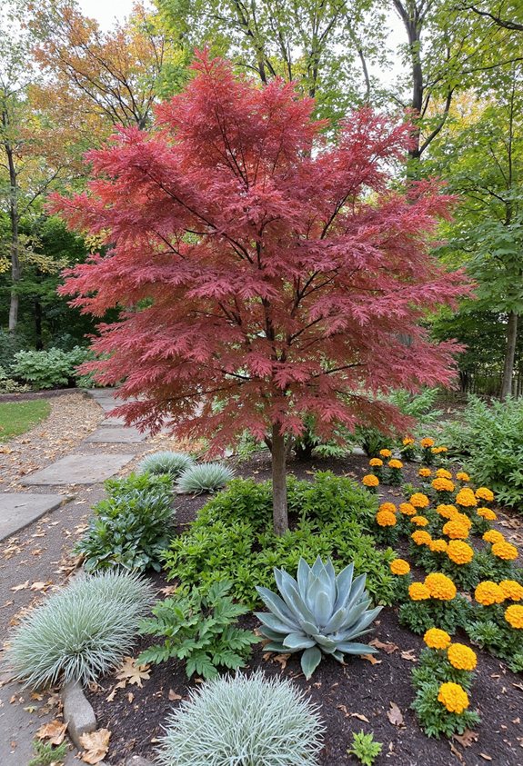 érables japonais avec des plantes compagnes