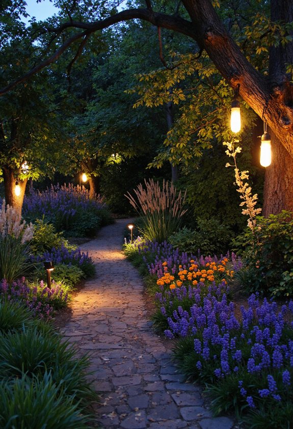 éclairage de jardin magique en soirée