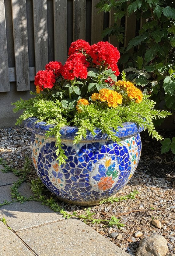 les jardinières en mosaïque égayent les espaces