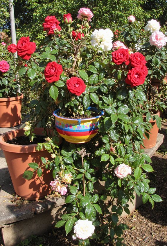roses dans des paniers suspendus