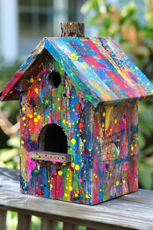 Nichoir en bois peint avec motifs abstraits colores