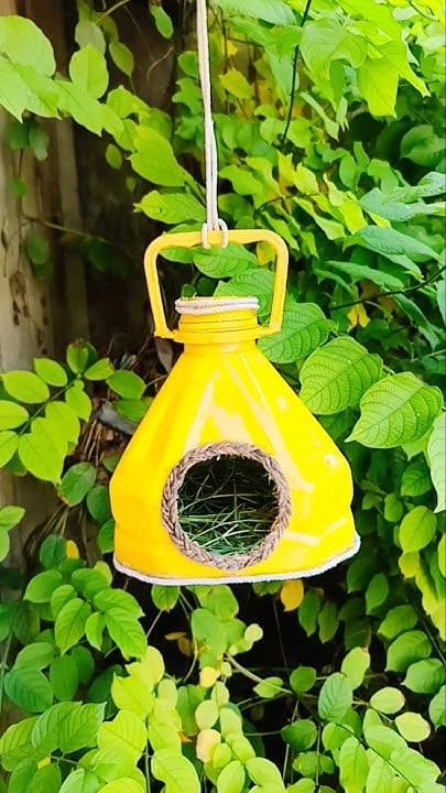 Nichoir fabrique a partir d'une bouteille plastique recyclee et peinte
