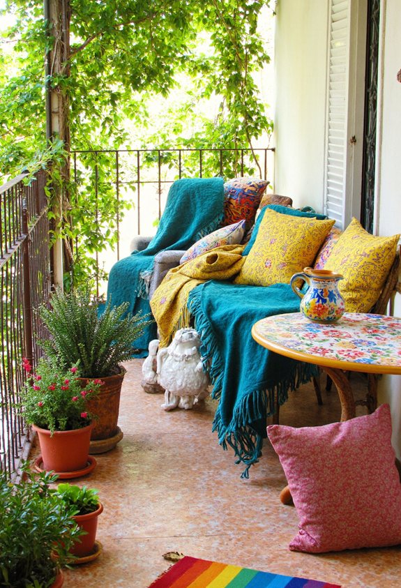 des coussins colorés créent une oasis de balcon cocooning