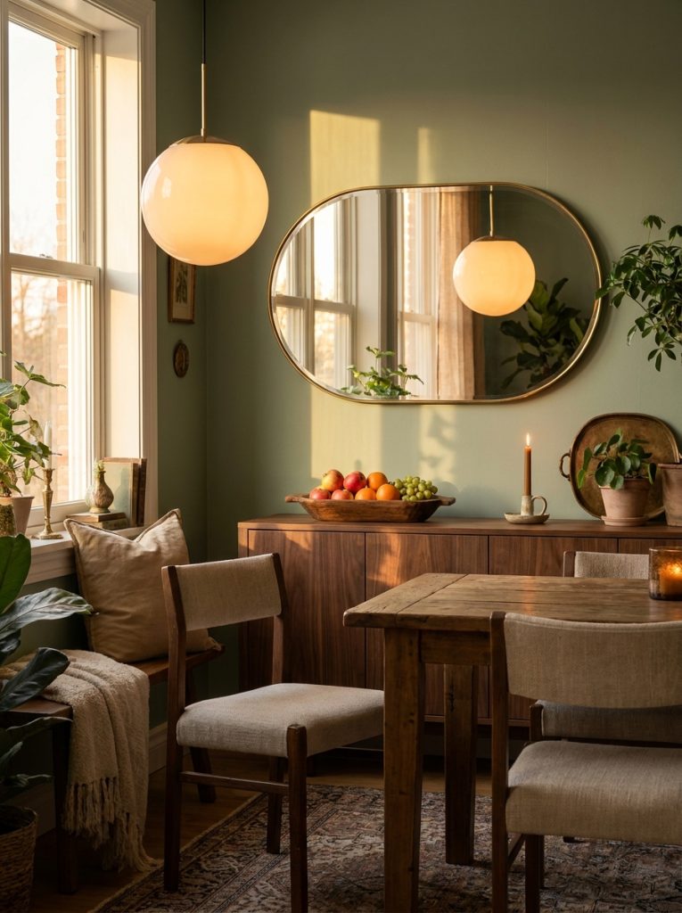 Miroir au cadre laiton reflétant une suspension au-dessus d'un buffet en bois foncé à l'heure dorée