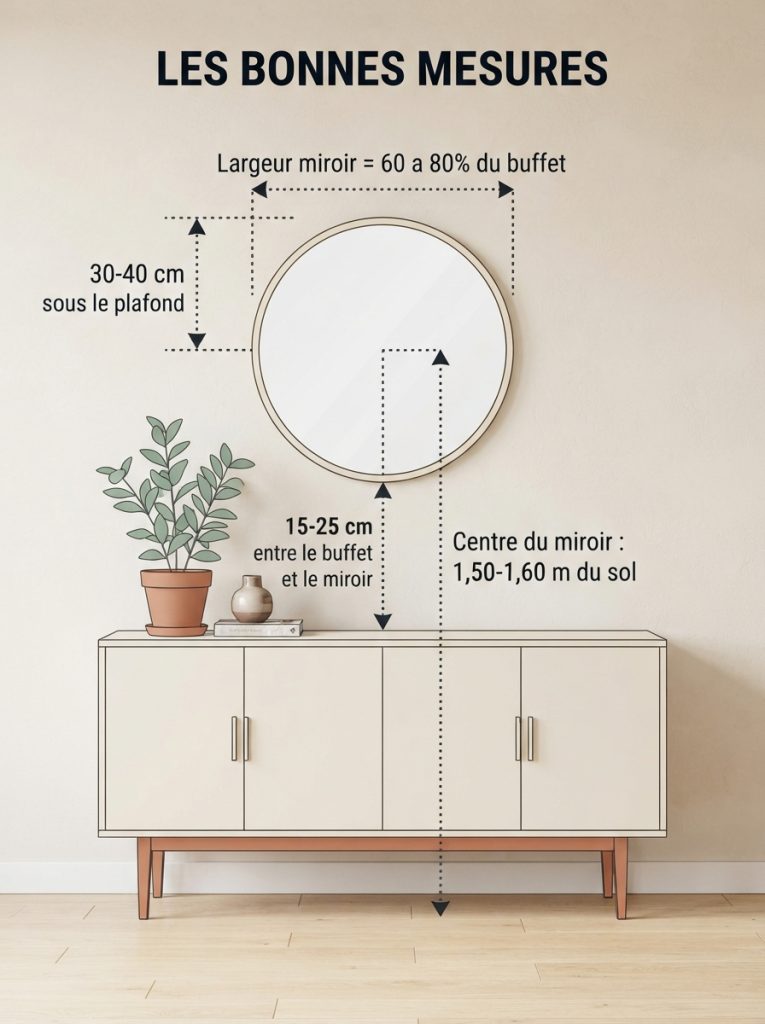 Infographie résumant les bonnes mesures pour poser un miroir au-dessus d'un buffet
