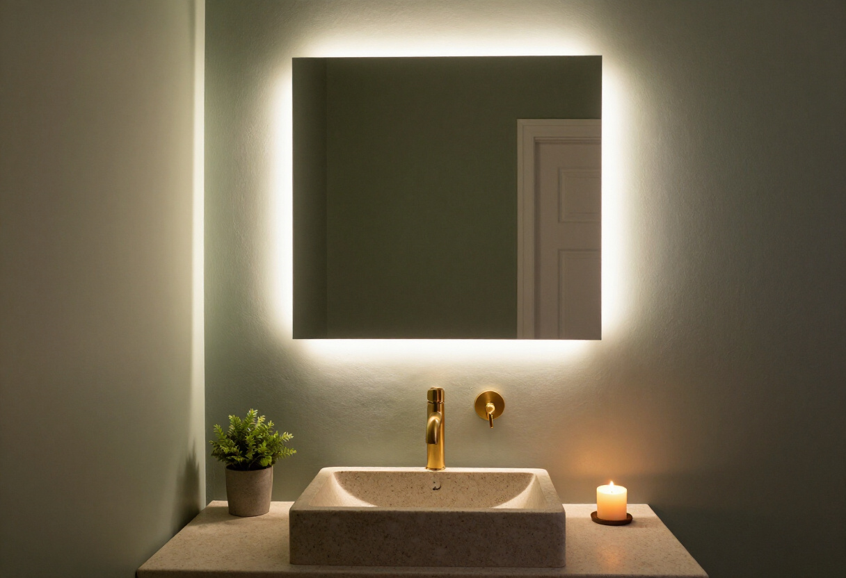 Miroir de salle de bain éclairé par une LED chaude diffusant une lumière douce et homogène