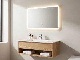 Miroir de salle de bain rétroéclairé par LED au-dessus d'un meuble vasque en bois