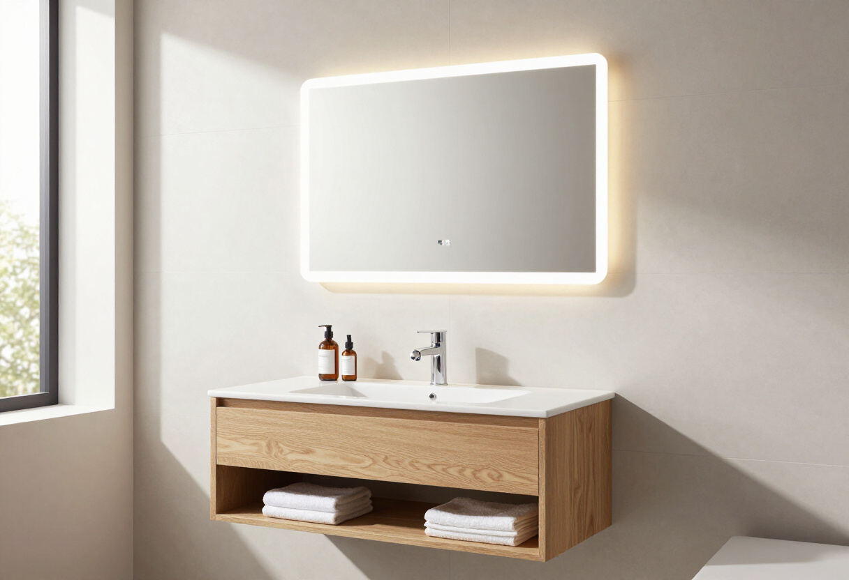 Miroir de salle de bain rétroéclairé par LED au-dessus d'un meuble vasque en bois