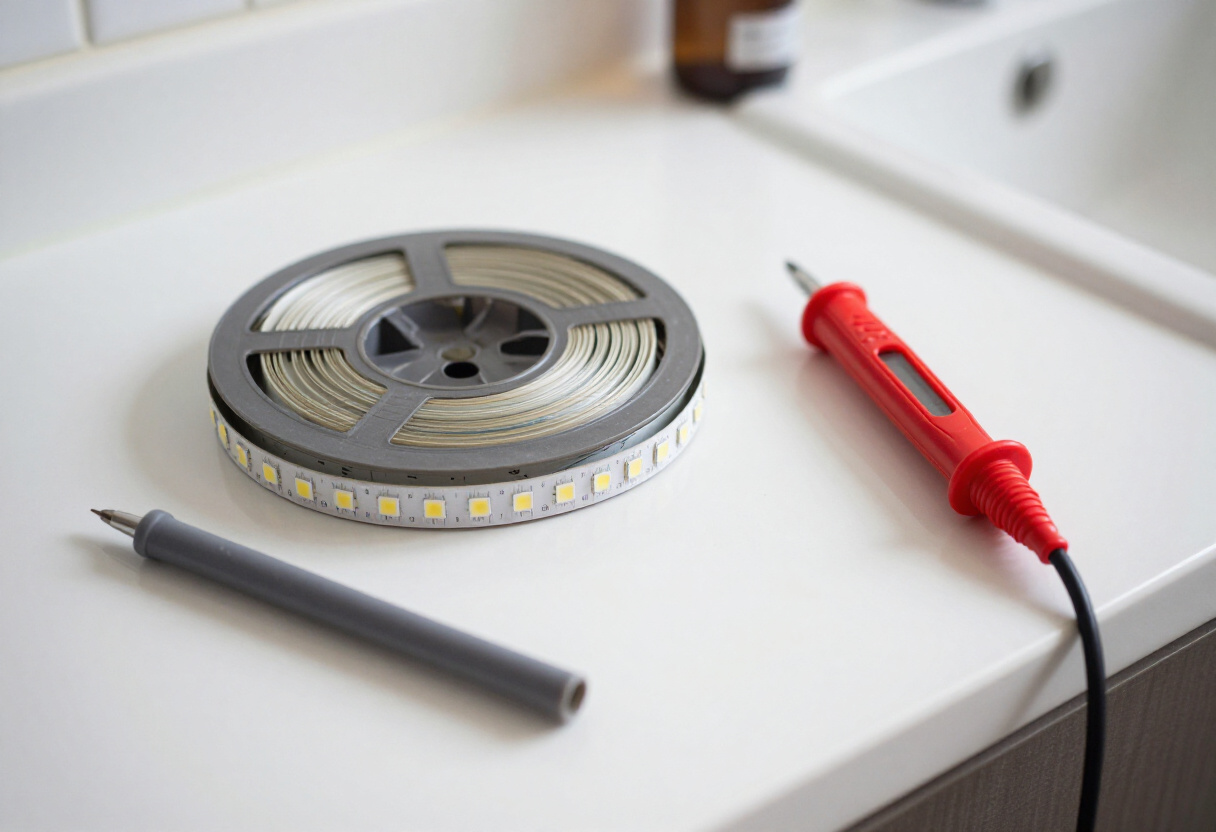 Ruban LED, testeur de tension et petit outillage prêts pour le remplacement d'une LED de miroir