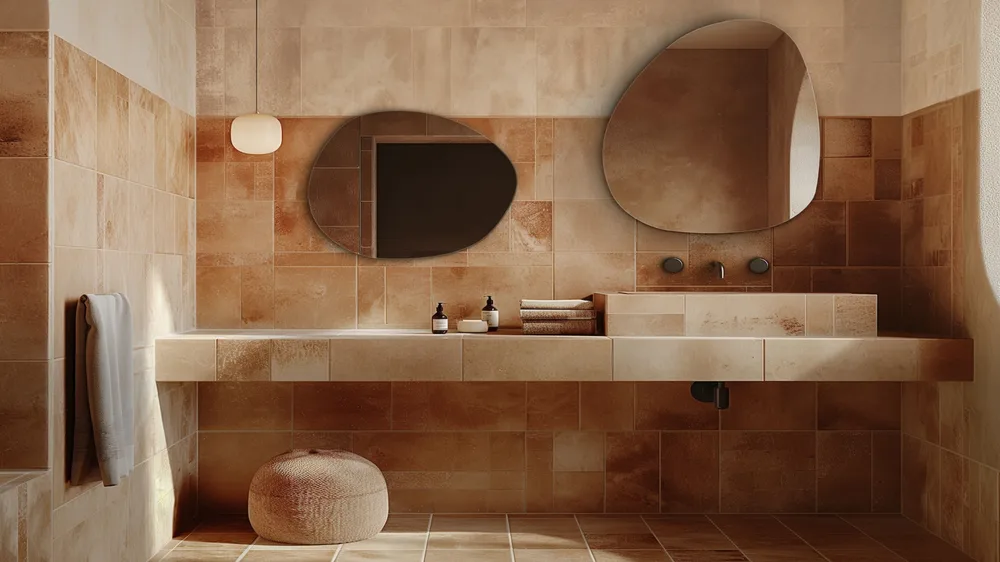 Salle de bain style marocain habillée de zellige terracotta avec meuble suspendu
