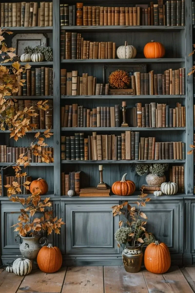 Bibliothèque entière mise en scène avec citrouilles pour l'automne