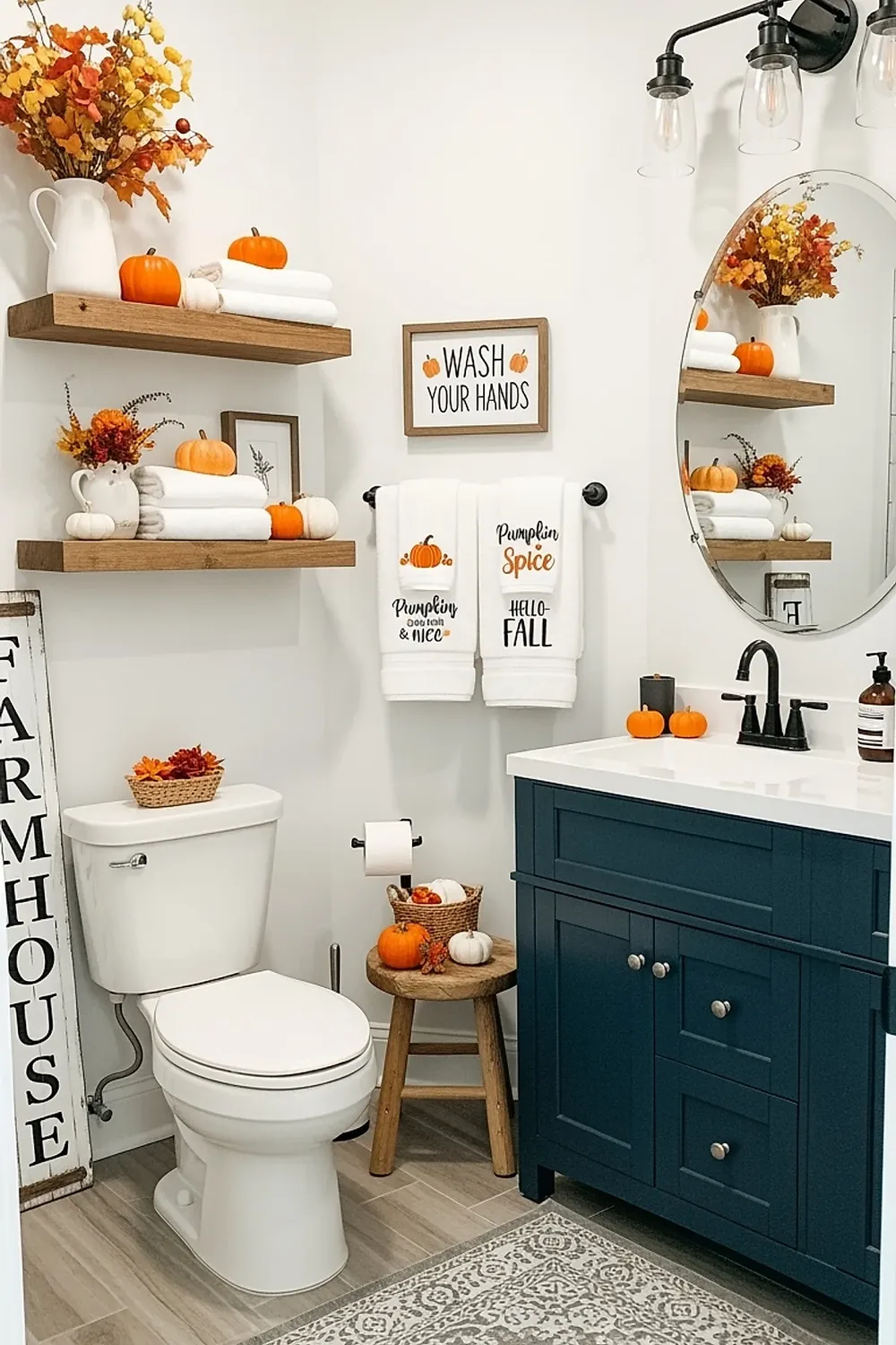 Étagères de salle de bain décorées de courges pour l'automne