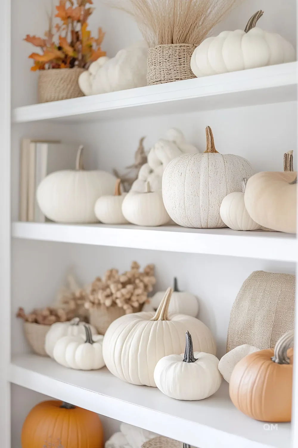Étagères décorées de citrouilles blanches de tailles variées