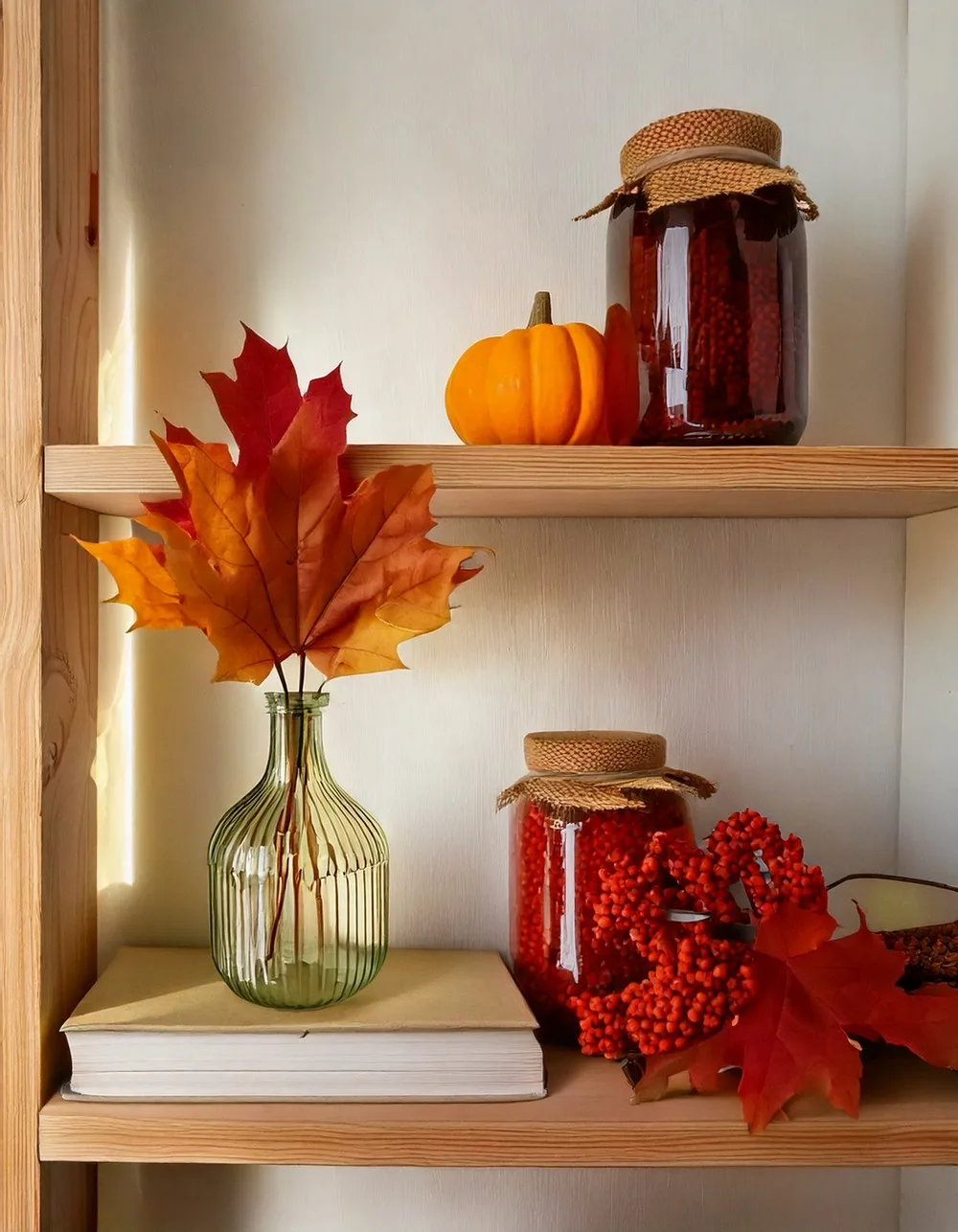 Grand vase de feuillages d'automne séchés sur une étagère