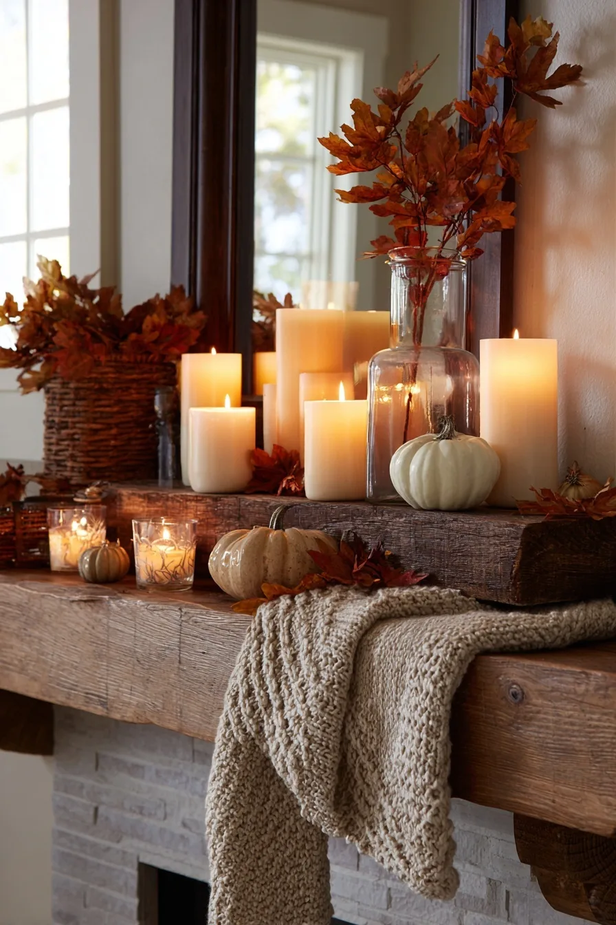 Manteau de cheminée décoré pour l'automne avec courges et bougies