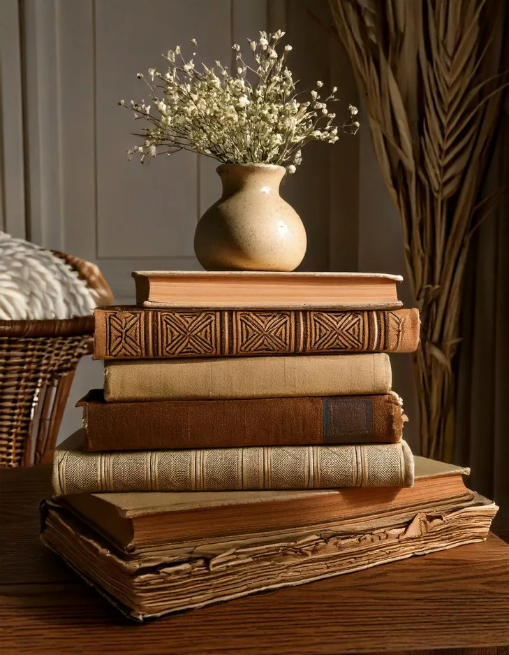 Pile de livres aux reliures caramel avec petite courge sur une étagère