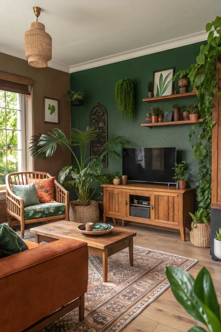Salon d'automne dans une palette rouille, moutarde et vert forêt