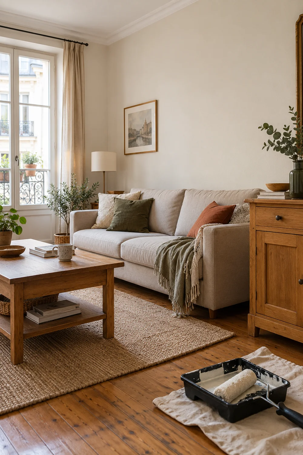 Salon simple avec mur fraîchement repeint en blanc chaud