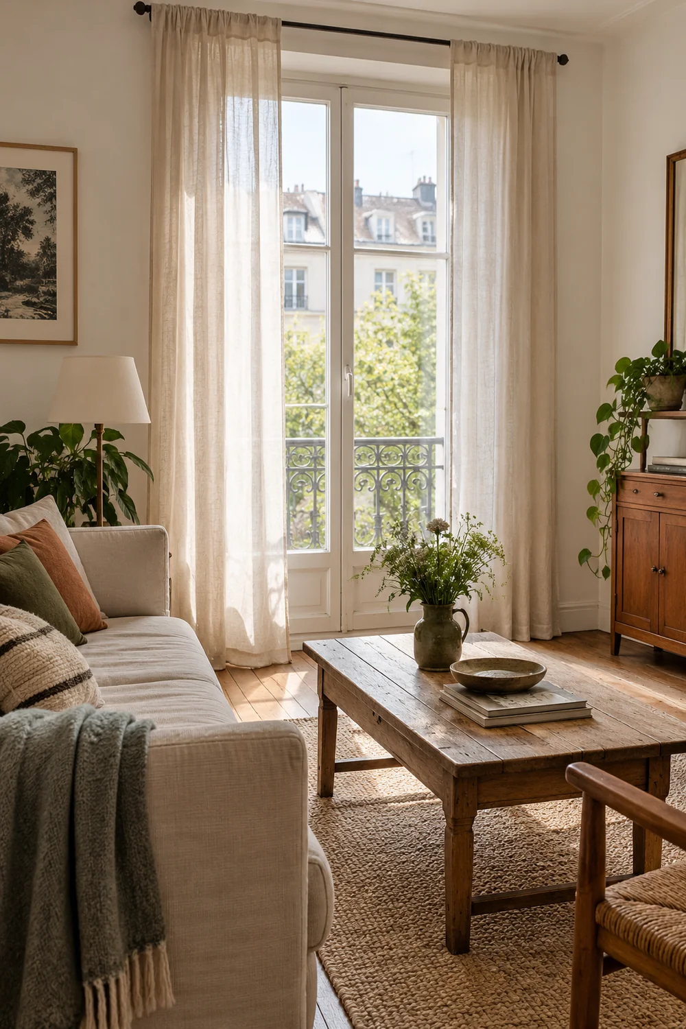 Rideaux légers en lin autour d’une fenêtre de salon
