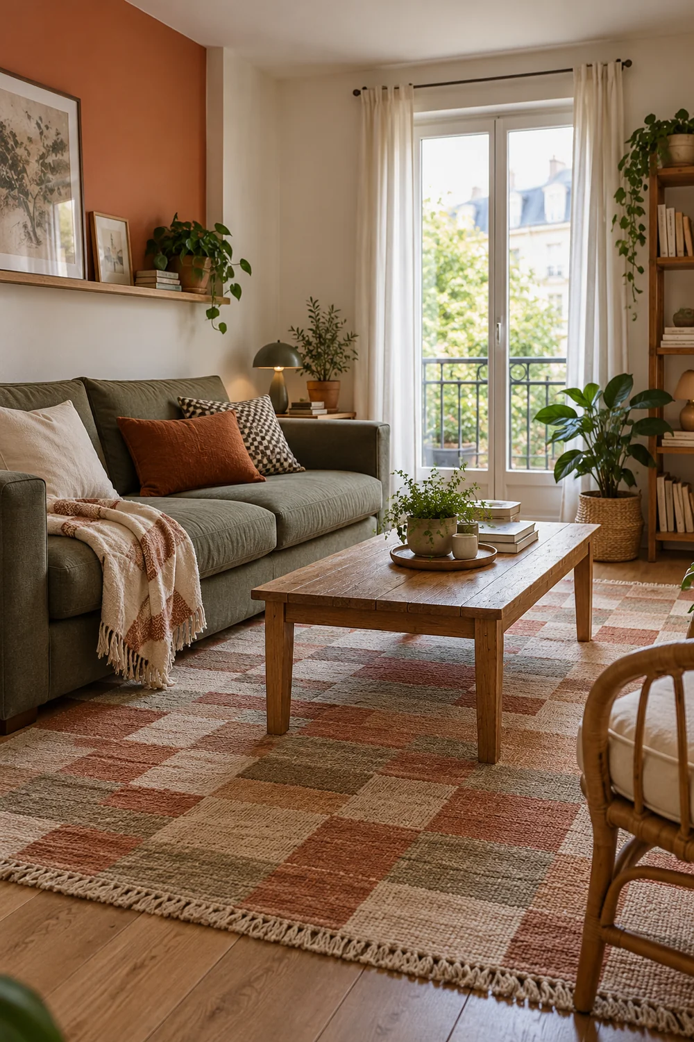 Grand tapis à motifs discrets sous le mobilier d’un salon