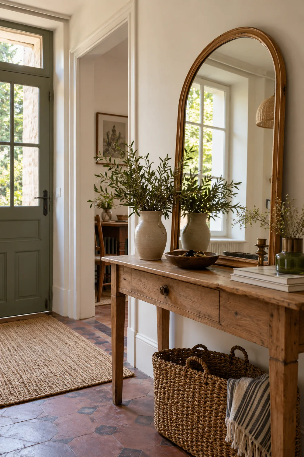 Miroir ancien au cadre en bois dans une entrée lumineuse